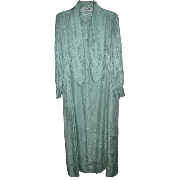 Vintage SILK Robe Bathrobe Mint Green Neck Tie Long Length Covered Buttons Sz M - Picture 2 of 8